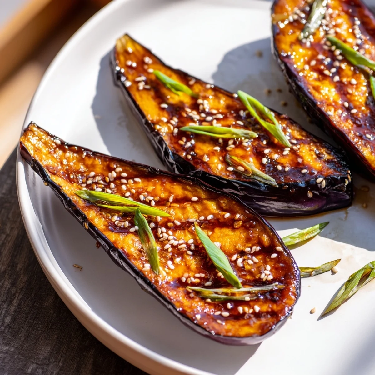 Golden-brown Miso Glazed Eggplant halves glistening with caramelized glaze, garnished with green onions and sesame seeds on a rustic platter.
