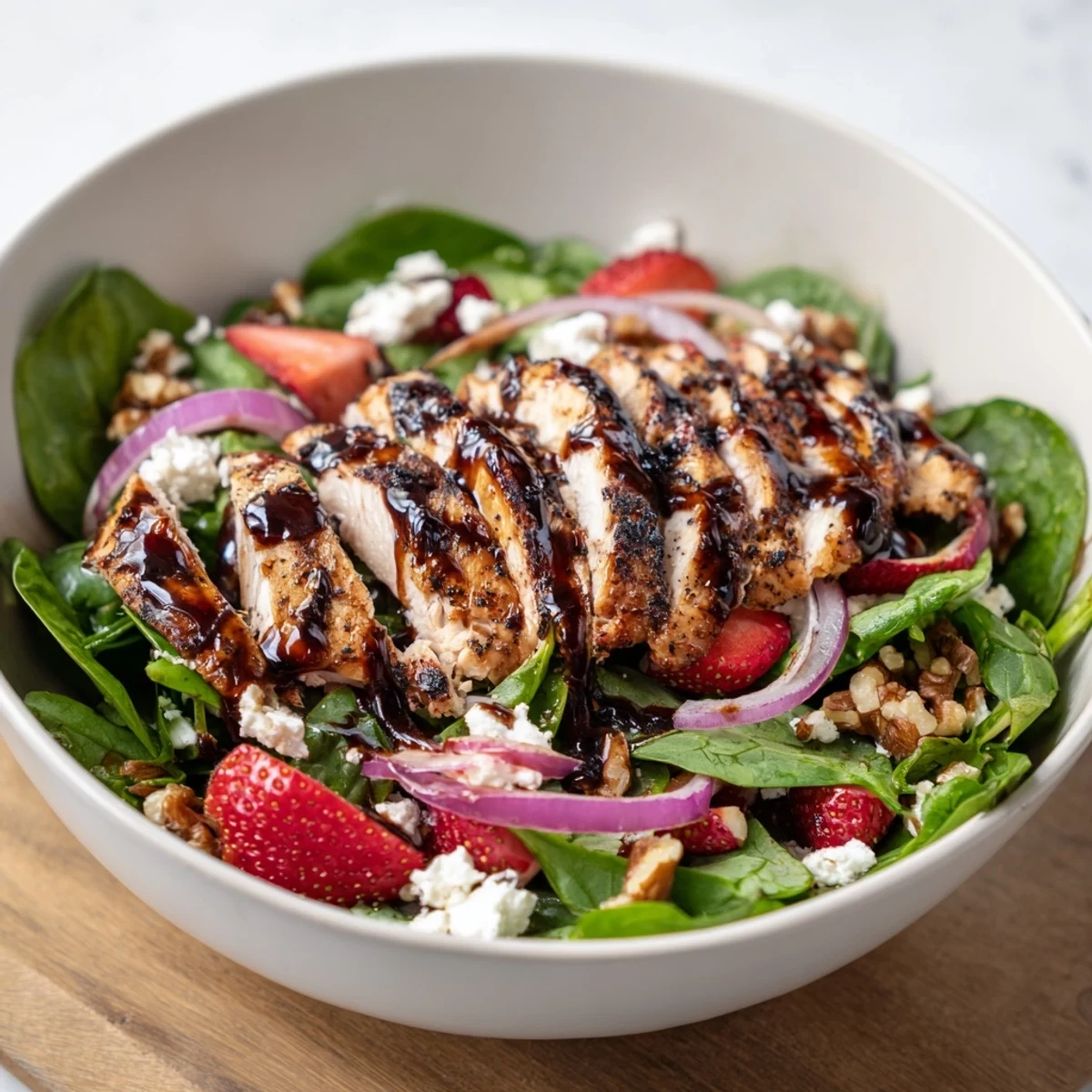 Freshly grilled chicken slices rest atop mixed greens with sliced strawberries, crumbled feta, and a drizzle of balsamic glaze.  