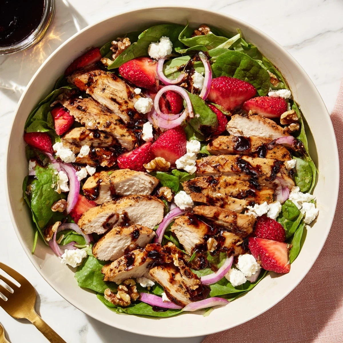 Vibrant Strawberry Balsamic Chicken Salad with toasted pecans and tangy glaze, served in a white bowl for a healthy dinner.