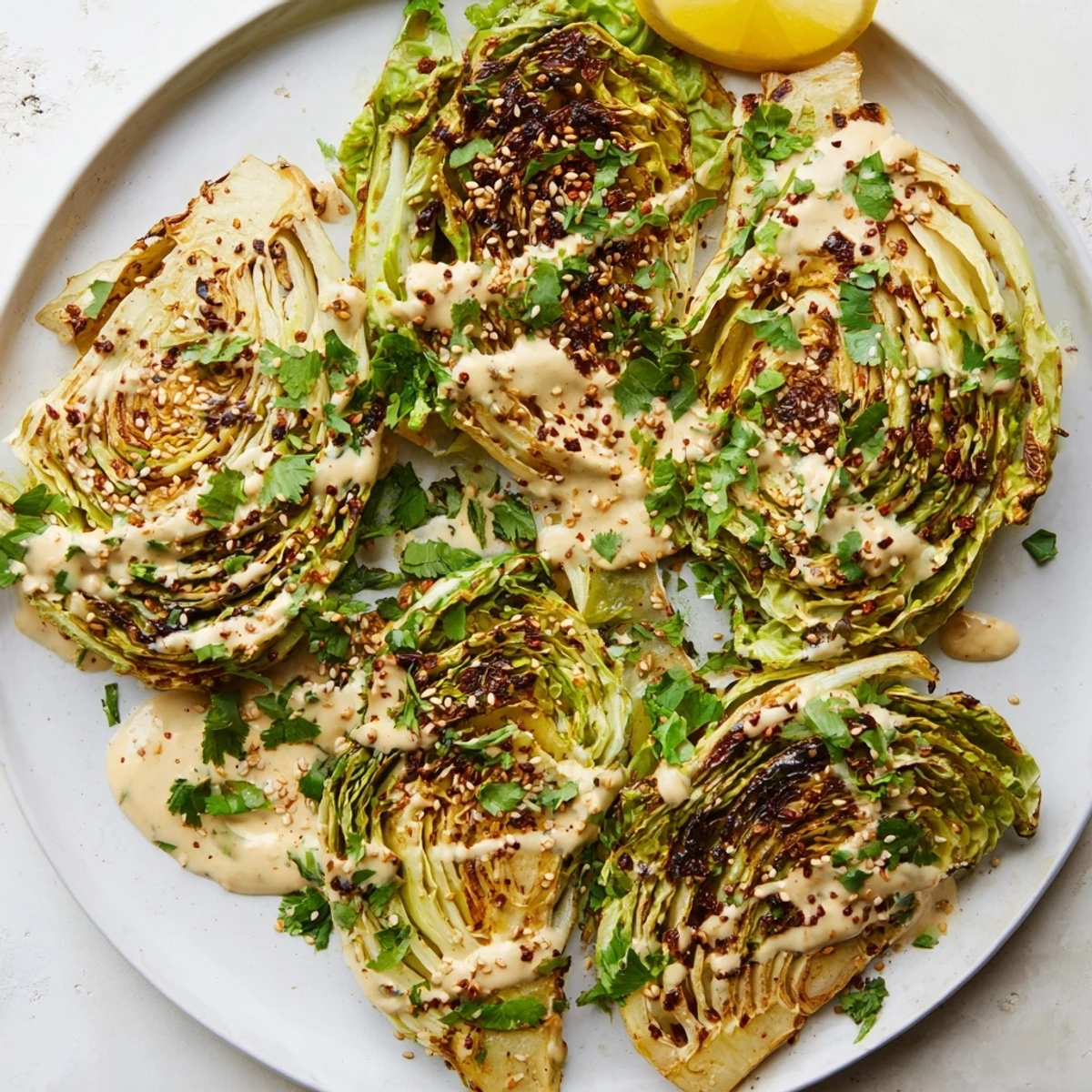Roasted cabbage steaks drizzled with tahini, topped with sesame seeds and lemon wedges.  