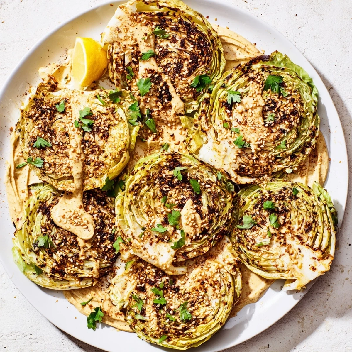 Caramelized cabbage steaks served warm with a velvety tahini sauce and fresh herbs.