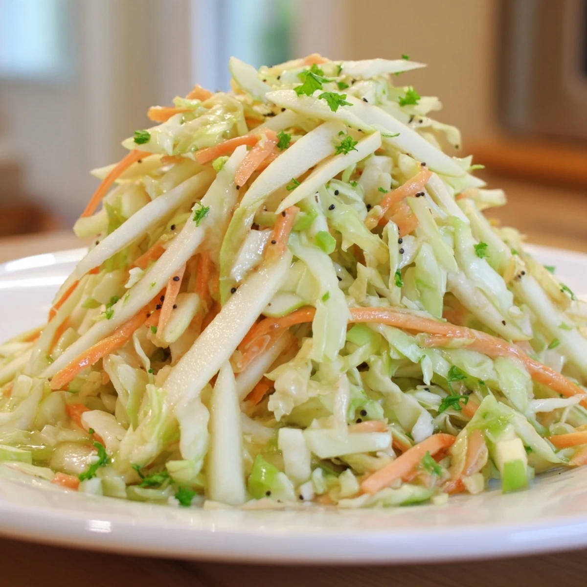 Crisp shredded green cabbage and tart apple slices glisten in a tangy dressing, perfect for a refreshing side dish.  