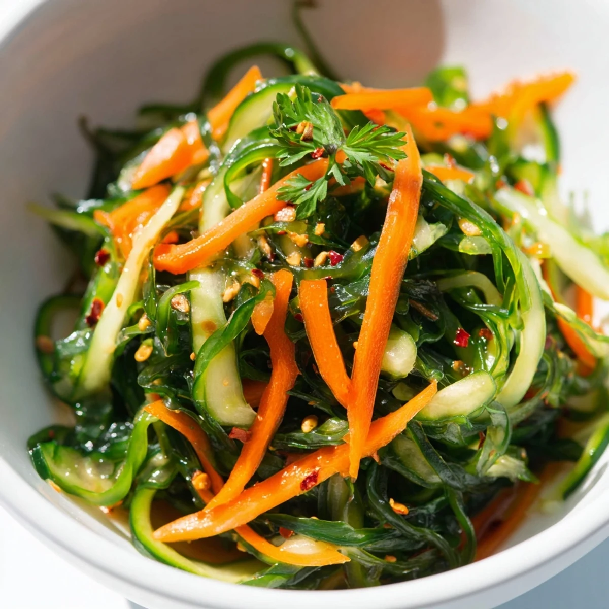 A vibrant Seaweed Salad with crisp cucumber and carrot ribbons tossed in a zesty sesame-ginger dressing.