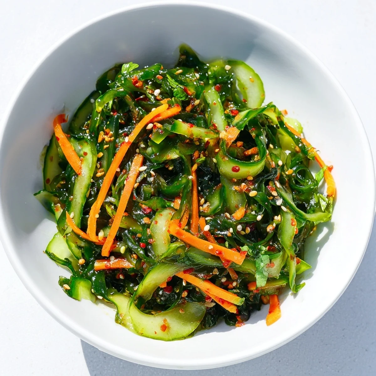 A refreshing bowl of Seaweed Salad garnished with toasted sesame seeds and fresh cilantro, served as a light appetizer.