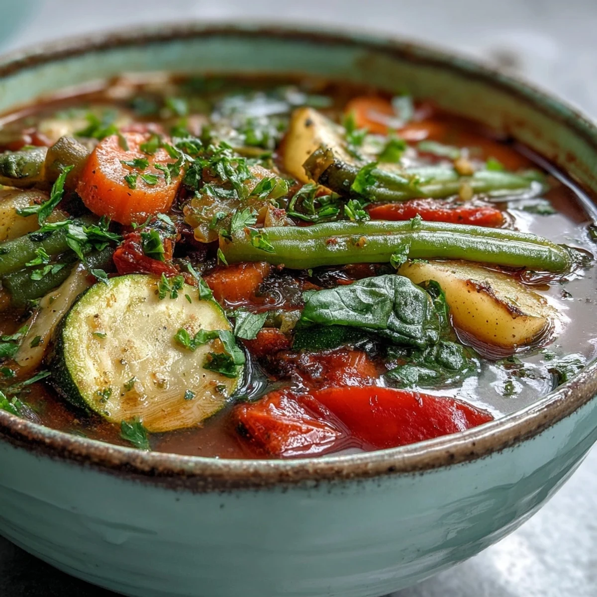 Hearty Italian Herb Vegetable Soup bursting with colorful, tender vegetables, ready to serve.