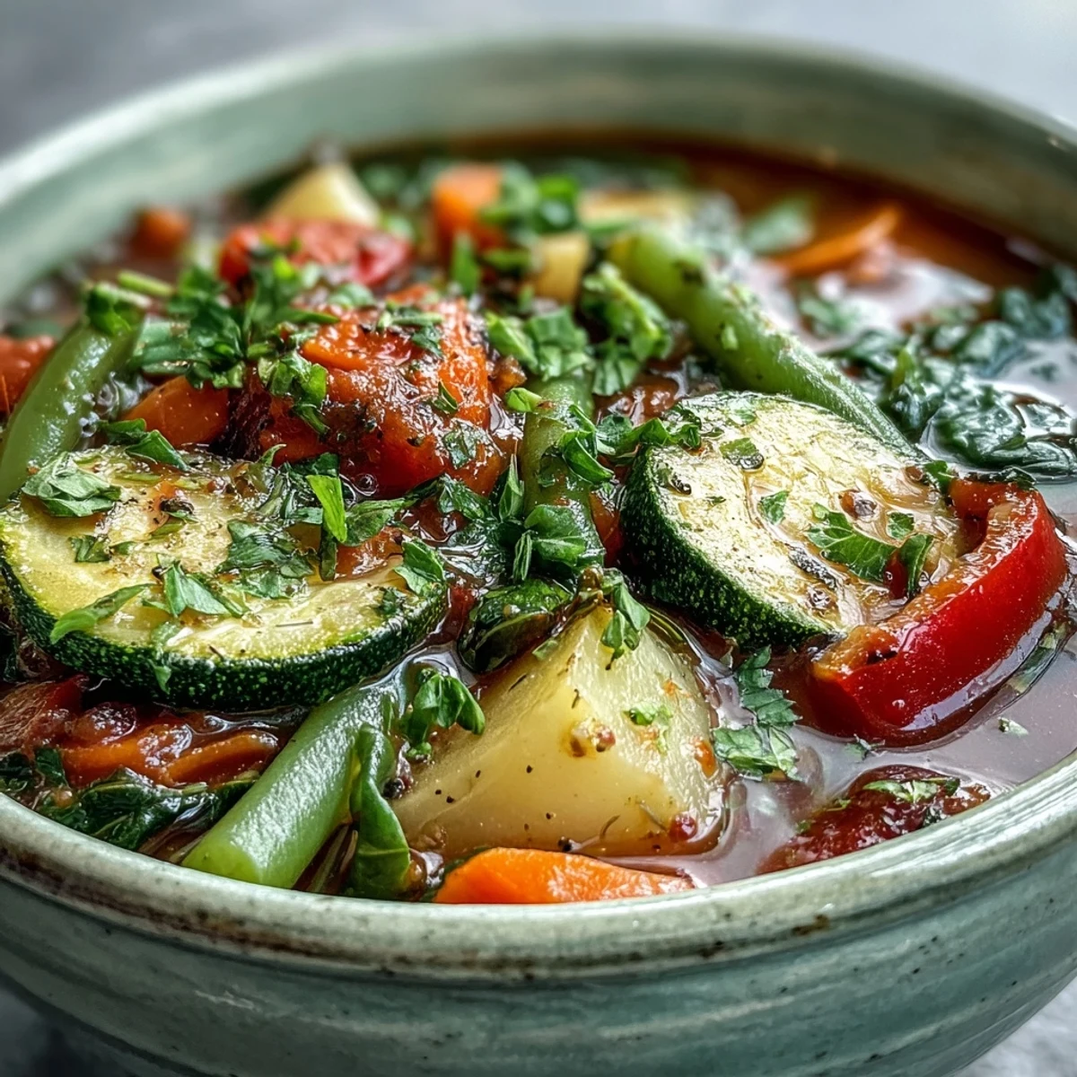 Enjoy a steaming bowl of Italian Herb Vegetable Soup, garnished with fresh parsley.