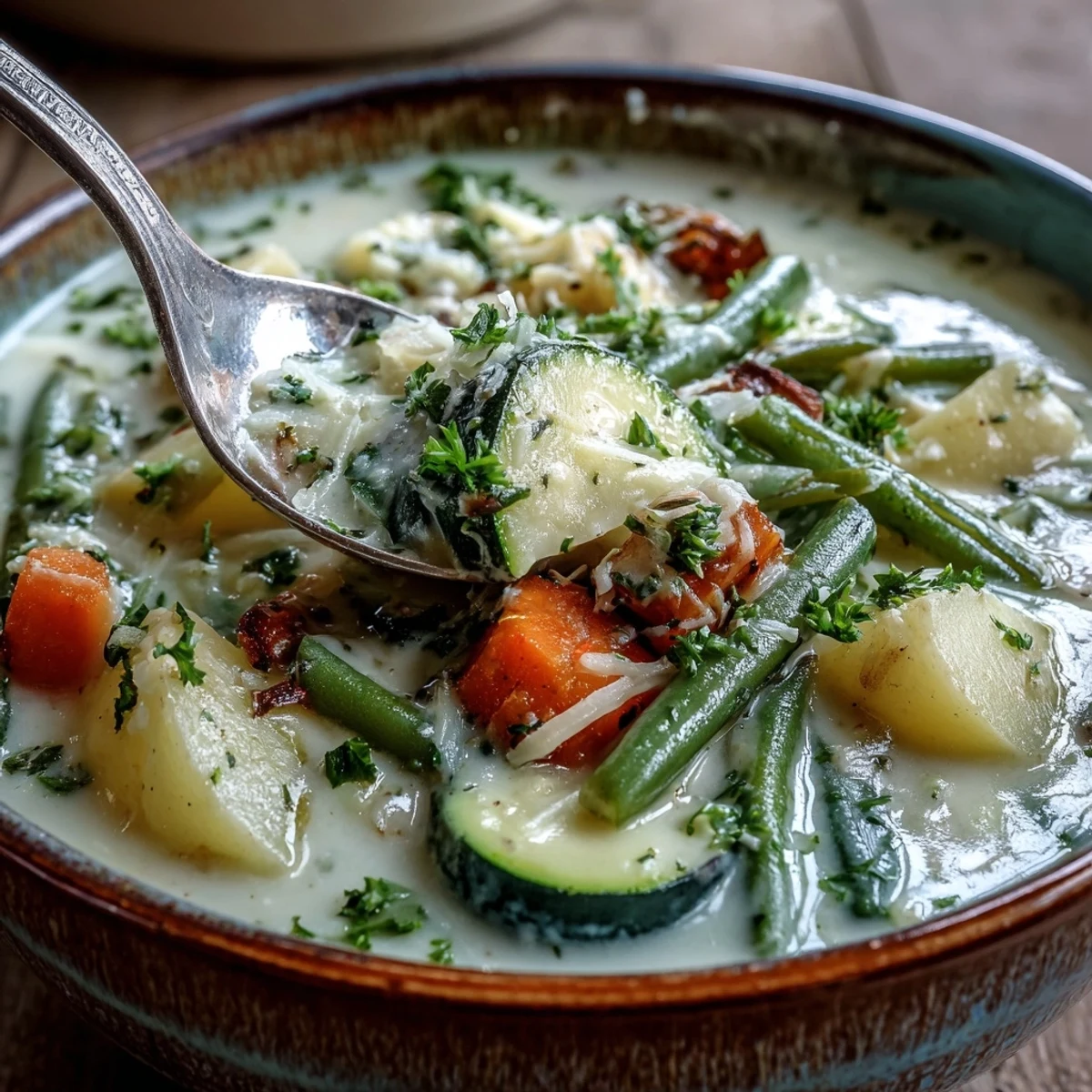Comforting Parmesan Veggie Soup, topped with fresh parsley and grated Parmesan cheese.