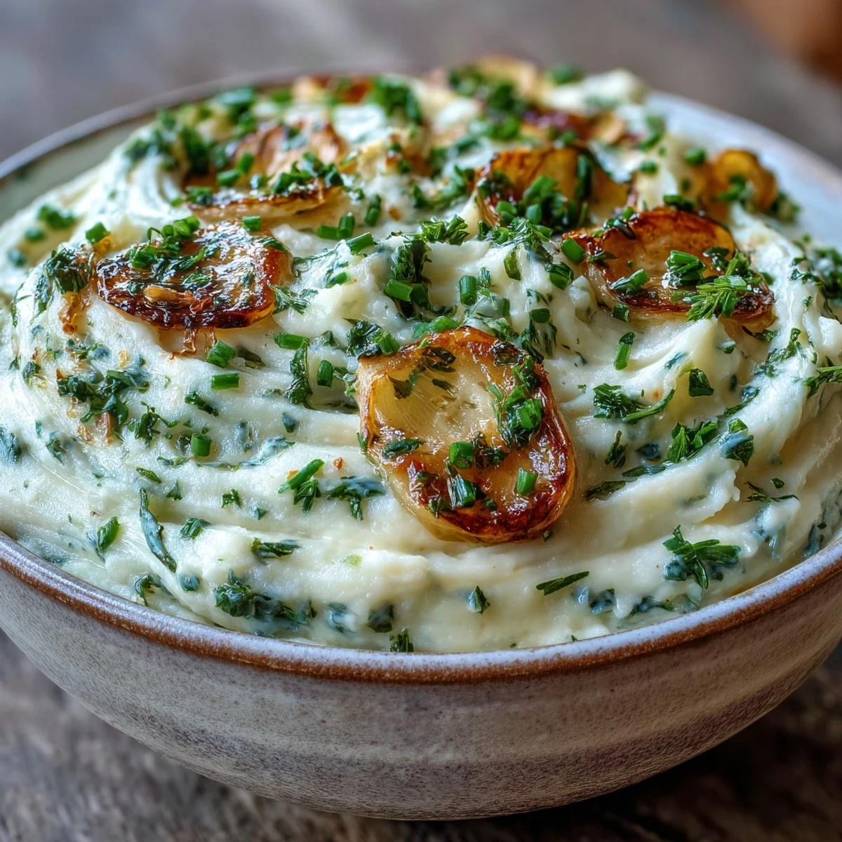 Aromatic roasted garlic and herb soup, garnished with chives, ready to be served.