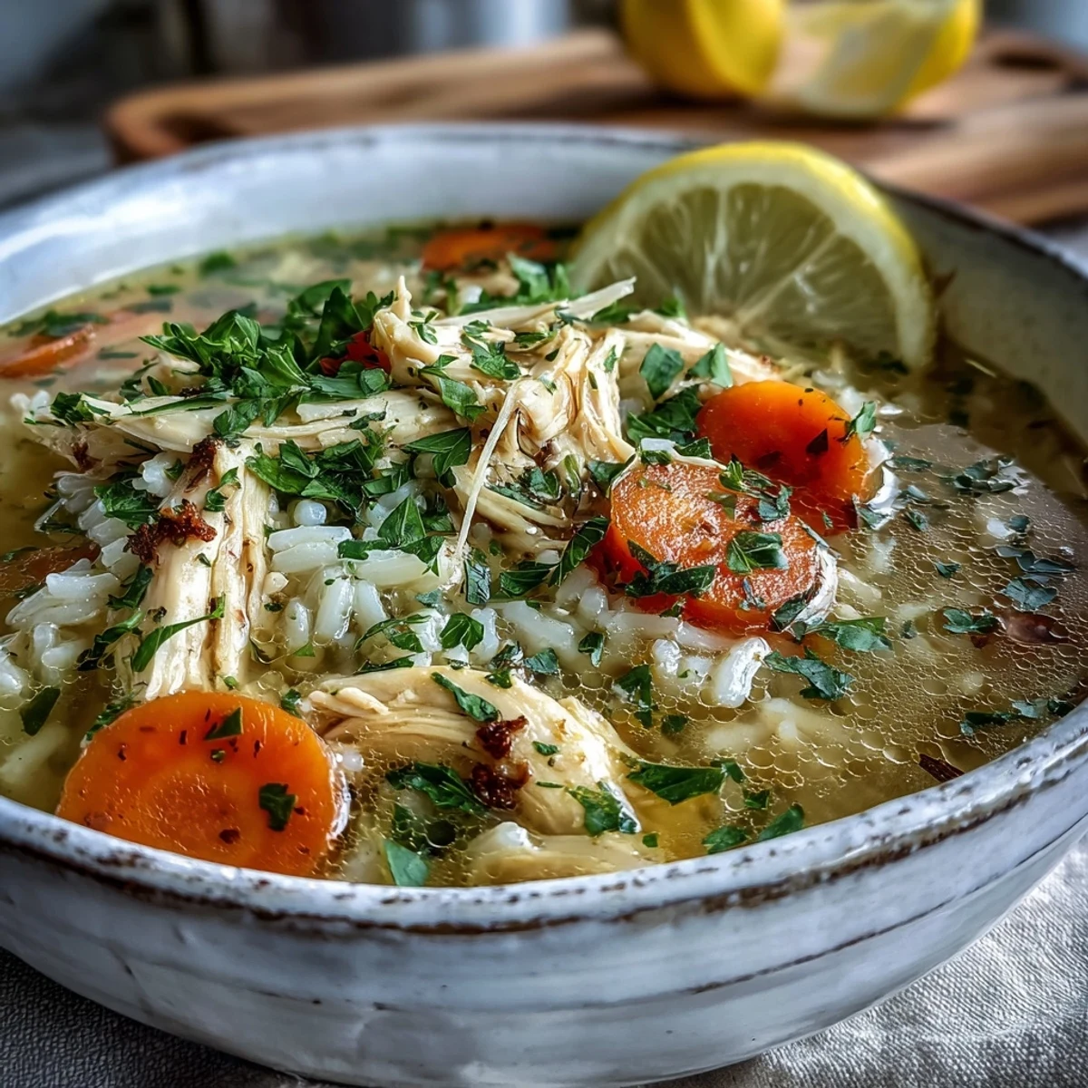 Flavorful Cozy Winter Chicken and Rice Soup with vegetables, ready to be devoured.