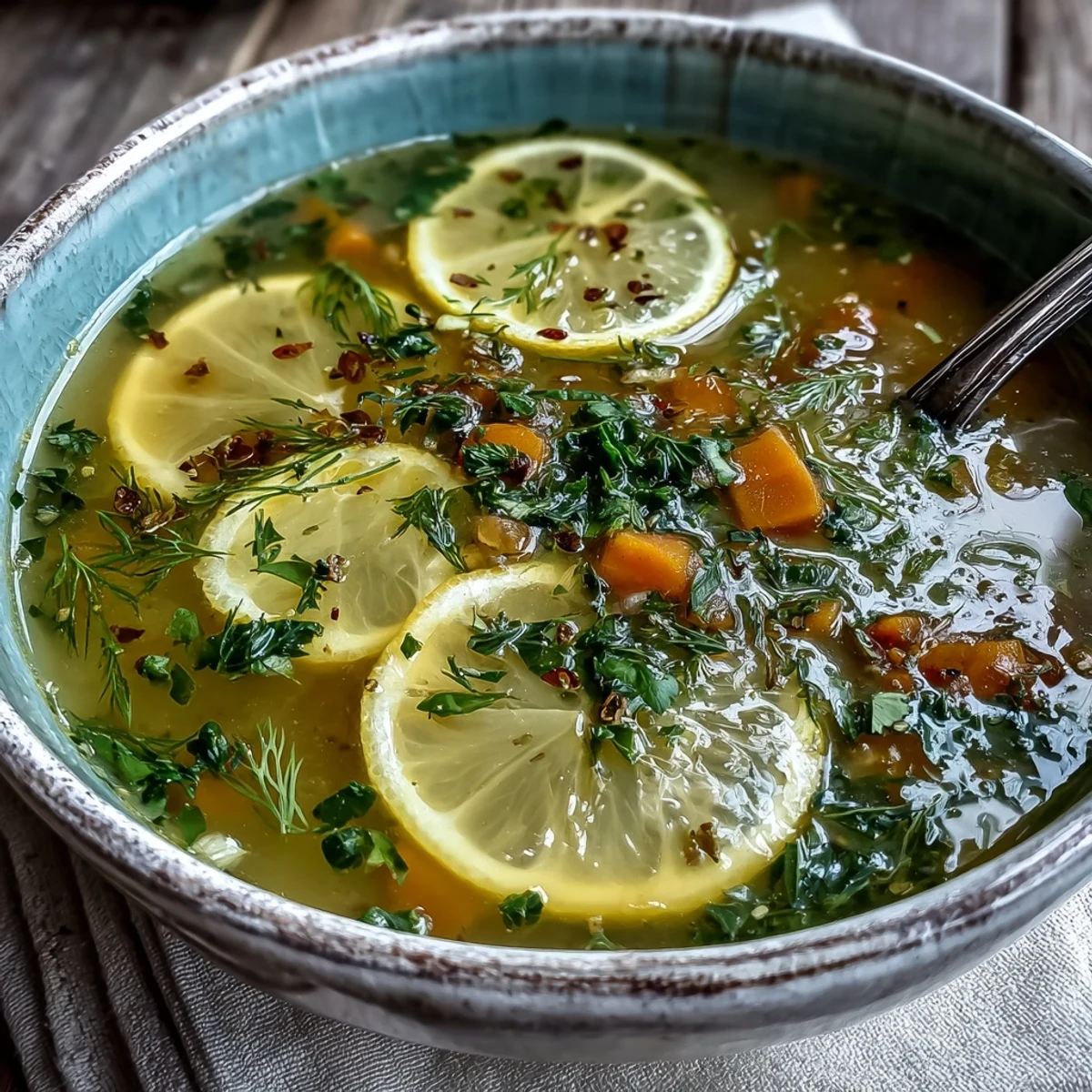 Sunny Lemon Herb Soup ready to serve, garnished with vibrant chopped parsley.