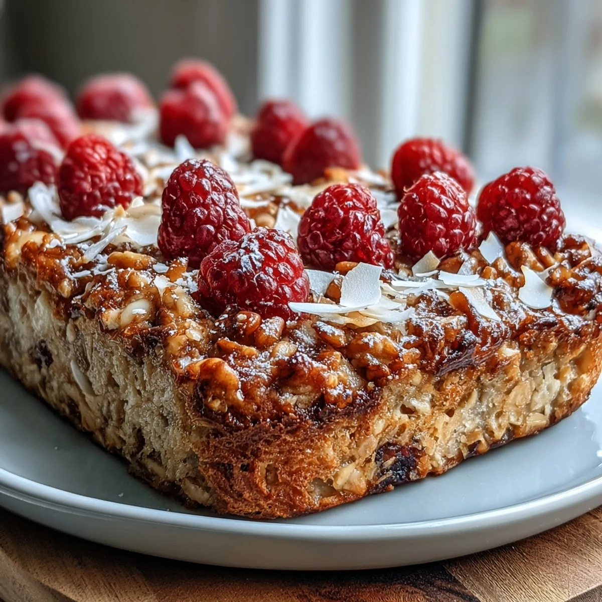 Freshly baked oatmeal with raspberry and coconut sits warm in a dish, with golden edges and vibrant berries peeking out.