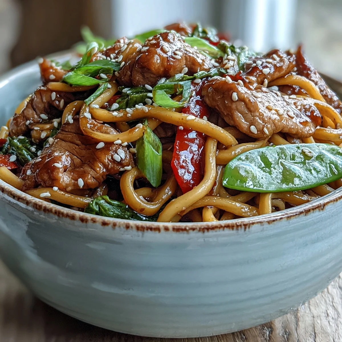 Colorful julienned carrots and snap peas mingle with glazed pork and noodles in this classic Pork Noodle Stir-Fry.
