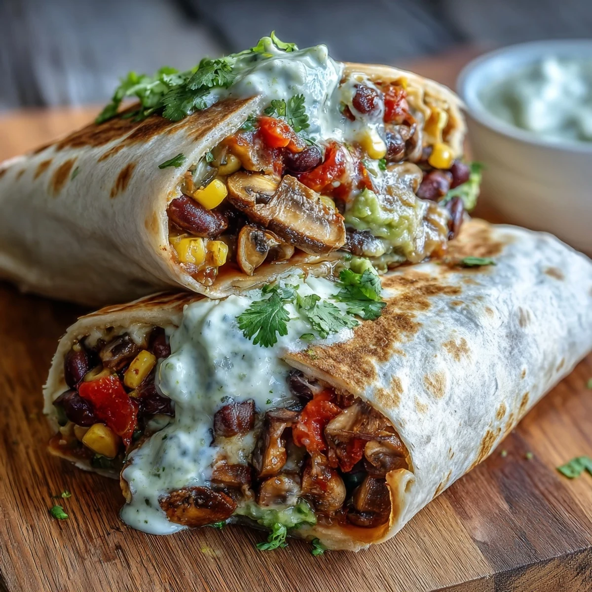 A freshly rolled Veggie Burrito filled with corn, peppers, and cilantro, ready to enjoy. 