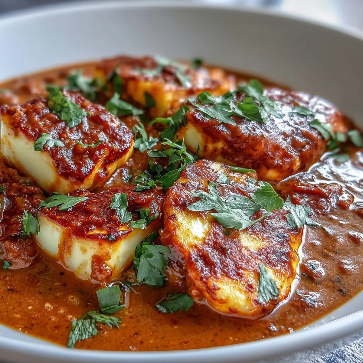 Golden-fried halloumi cubes glistening in a creamy tomato and coconut curry, garnished with fresh cilantro.