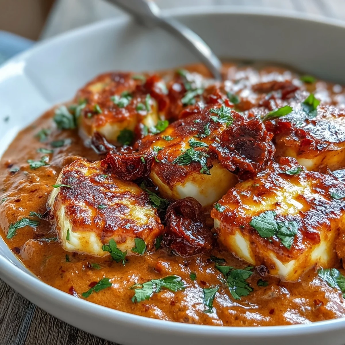 Halloumi and tomato curry served over fluffy basmati rice with lemon wedges on the side.