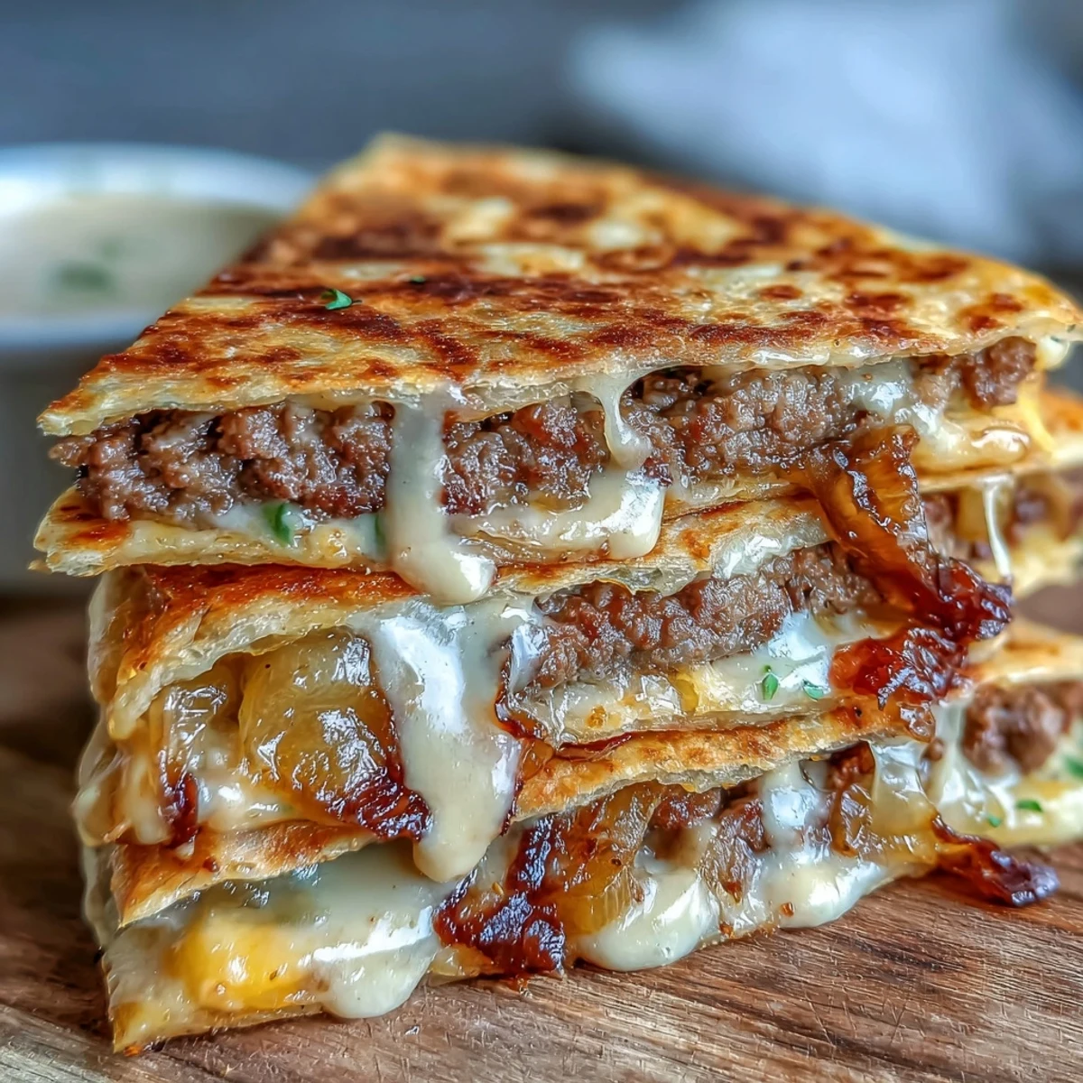 Melted cheese and juicy smashburger patties peek out from a griddled quesadilla, garnished with fresh cilantro and pickles.