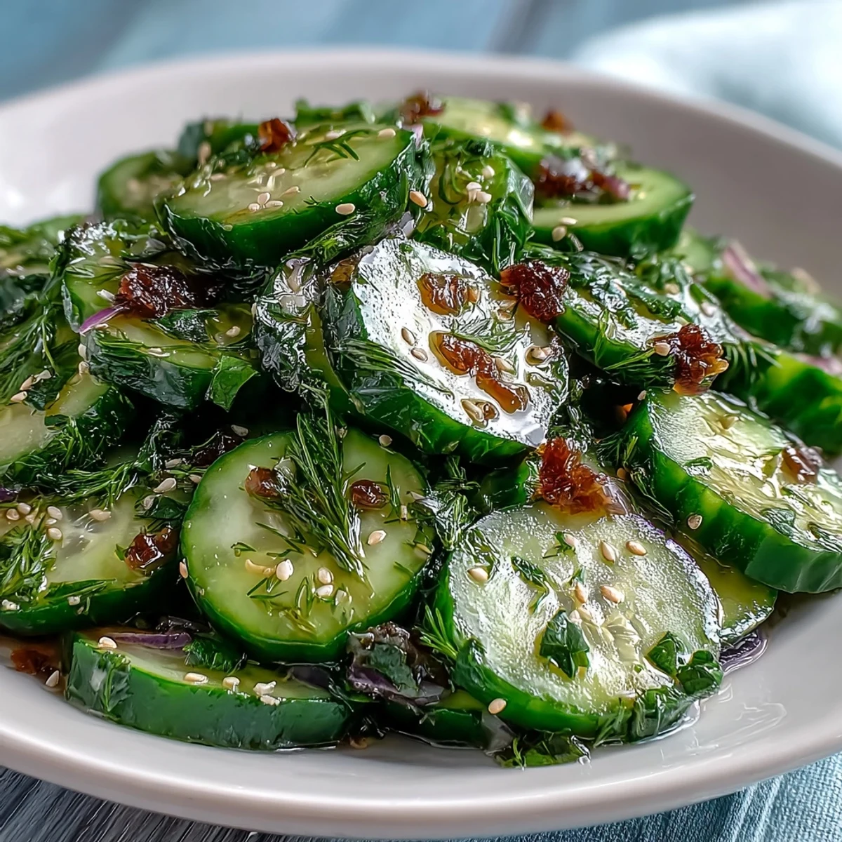 Freshly prepared Refreshing Crunchy Cucumber Salad on a platter, featuring crisp cucumbers, cherry tomatoes, and radish slices glistening with dressing.