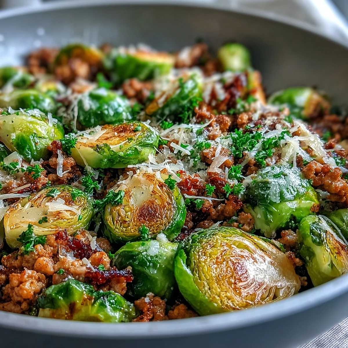 A one-pan skillet dinner features golden Brussels sprouts and savory ground turkey with aromatic garlic and paprika.