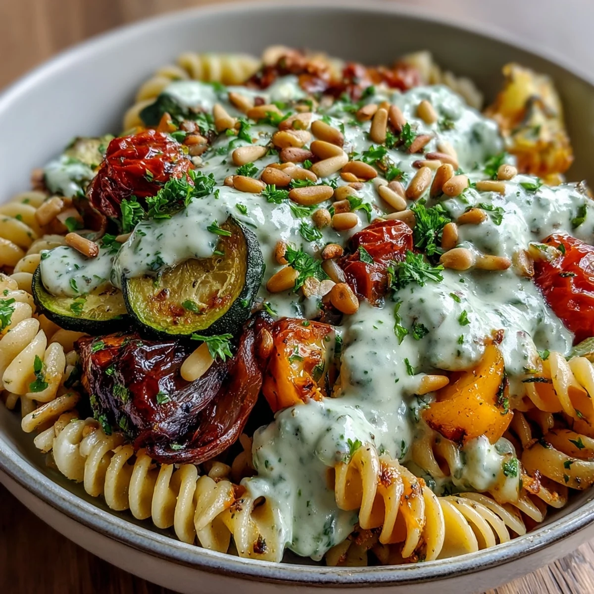 Roasted zucchini and bell peppers tossed into a Whole Wheat Pasta Bowl with rich, creamy sauce.