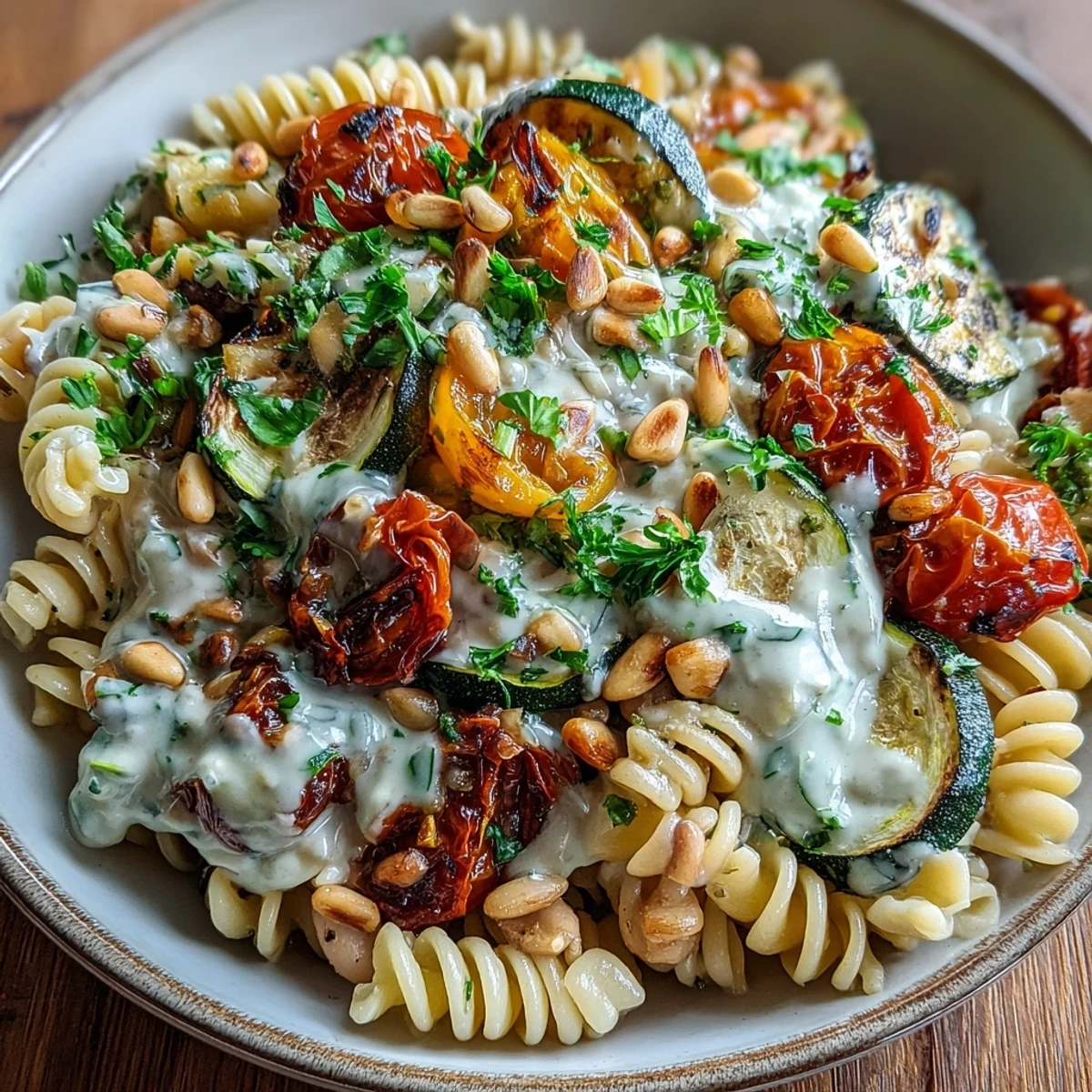 Whole Wheat Pasta Bowl with creamy bean sauce, roasted veggies, and toasted pine nuts ready to serve.