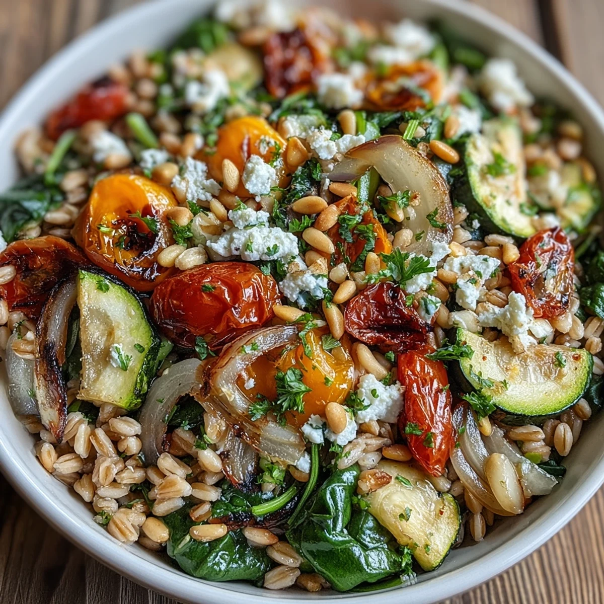 A close-up of a vibrant Farro Pasta Bowl filled with zucchini, bell peppers, and cherry tomatoes.
