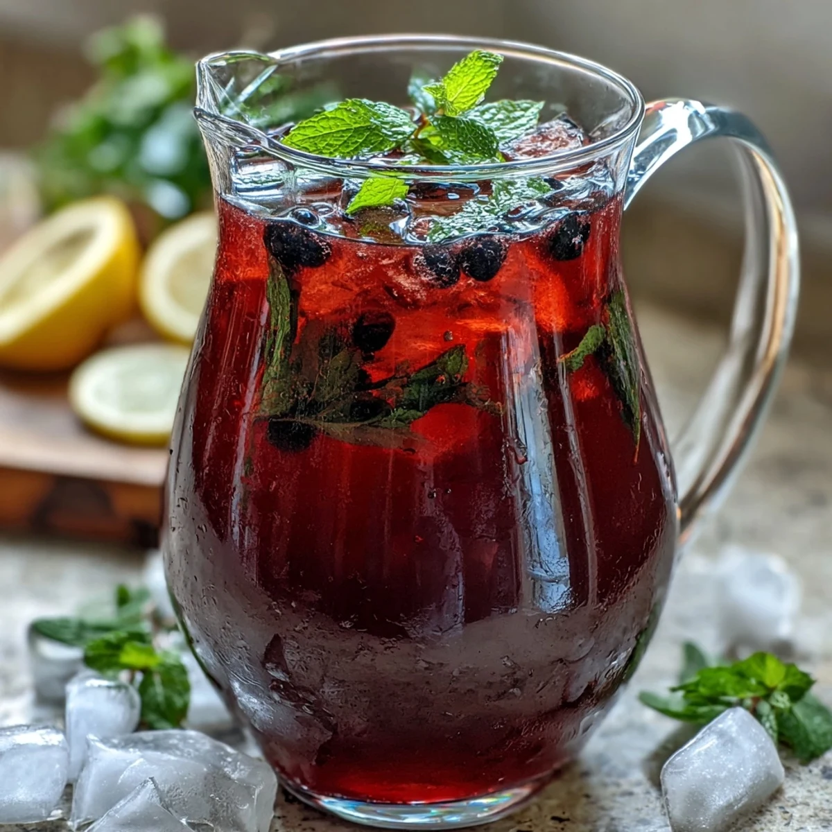 This vibrant Black Currant It Berry Celebration Drink offers a creamy, refreshing texture with a splash of citrus garnish.