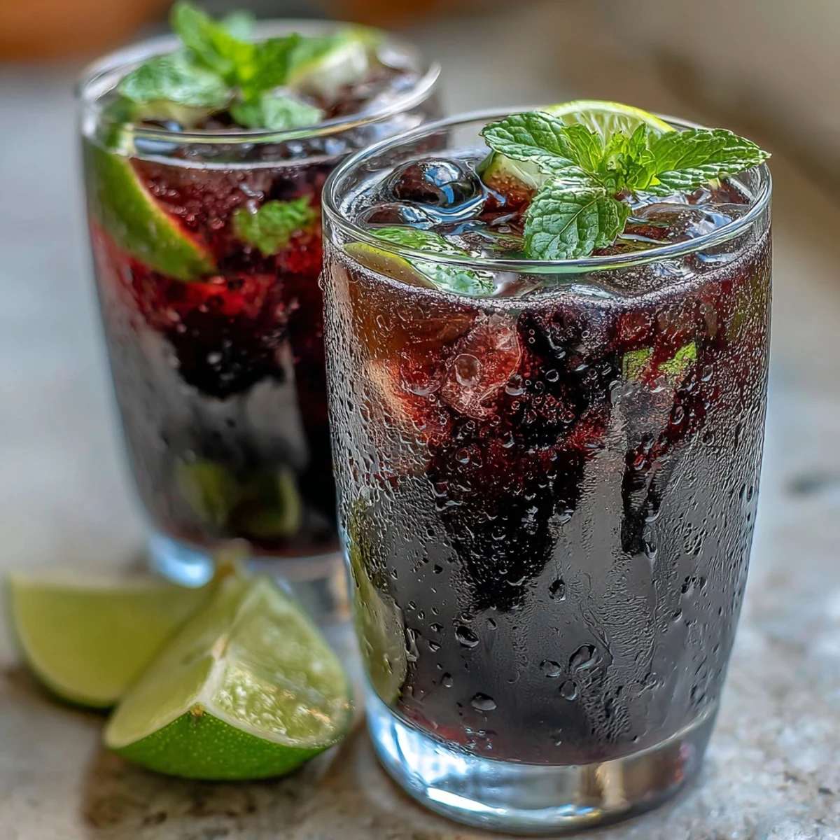 A tall glass of Black Currant Mocktail filled with ice, topped with fresh mint and lime slices for a refreshing summer drink.