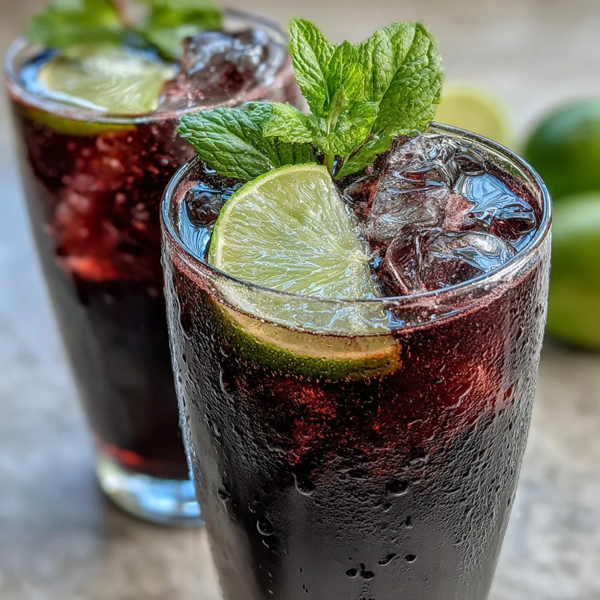 Black Currant Mocktail poured over ice cubes in a glass, garnished with vibrant mint sprigs and thin lime wheels.