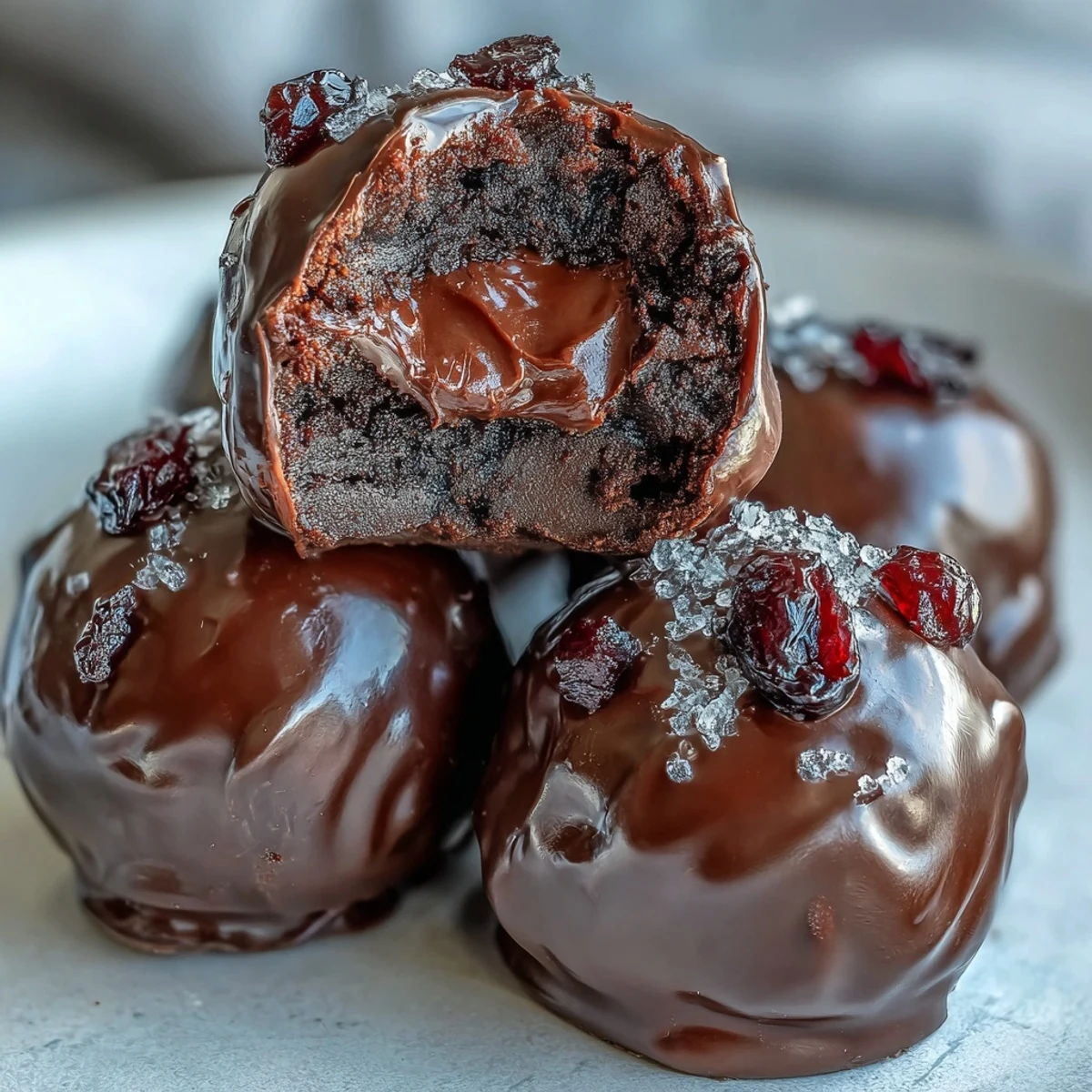 Black Currant Chocolate Truffles show a rich, dark chocolate shell with a vibrant purple ganache center on a rustic board.