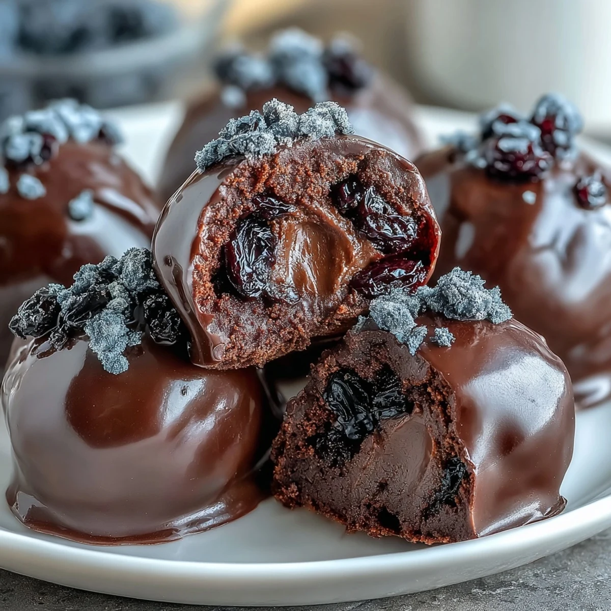 Handmade Black Currant Chocolate Truffles dipped in glossy dark chocolate set on parchment, ready for sweet snacking.