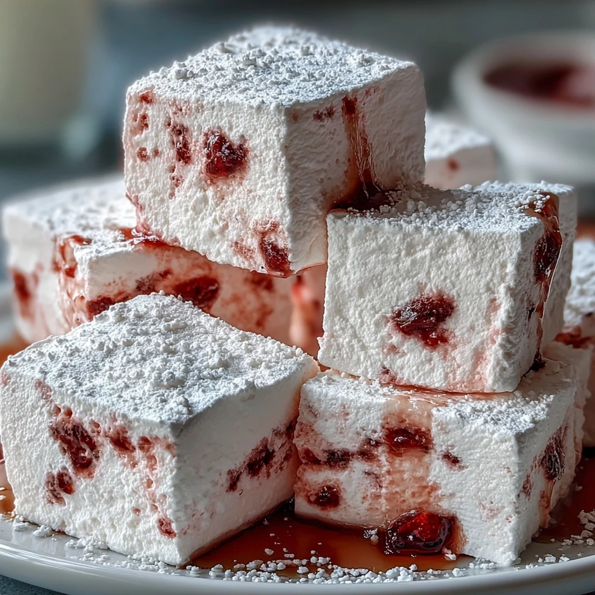 Delicate, homemade Black Currant Marshmallows arranged on a plate, highlighting their vibrant lavender hue and sweet coating.