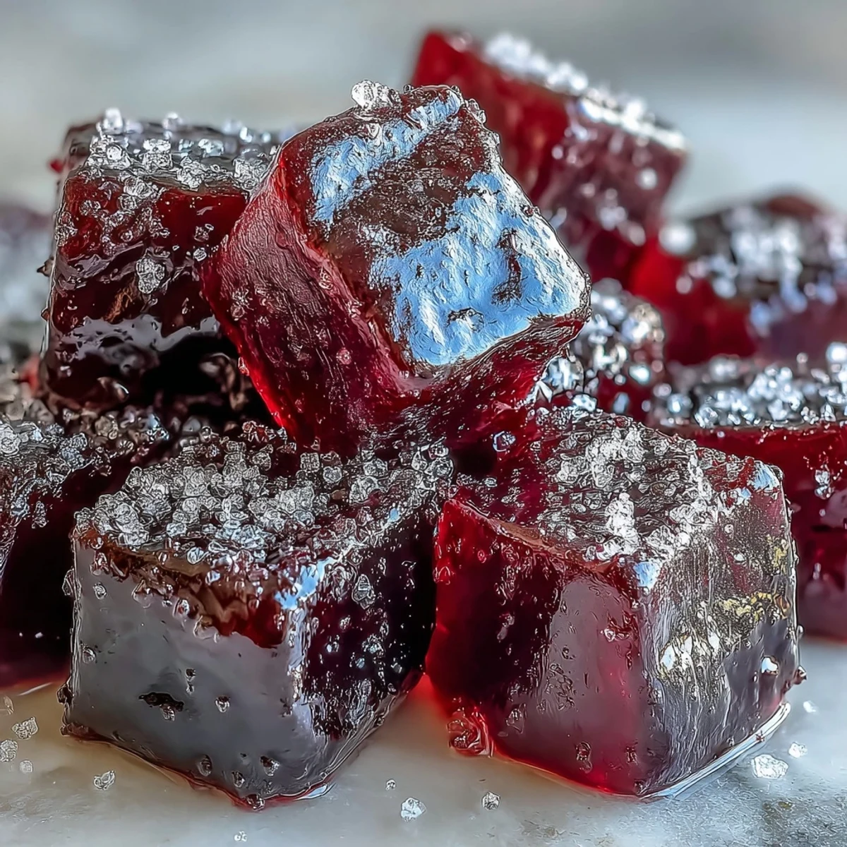 Homemade Black Currant Gummies coated in sugar, showing a vibrant purple hue and chewy texture.