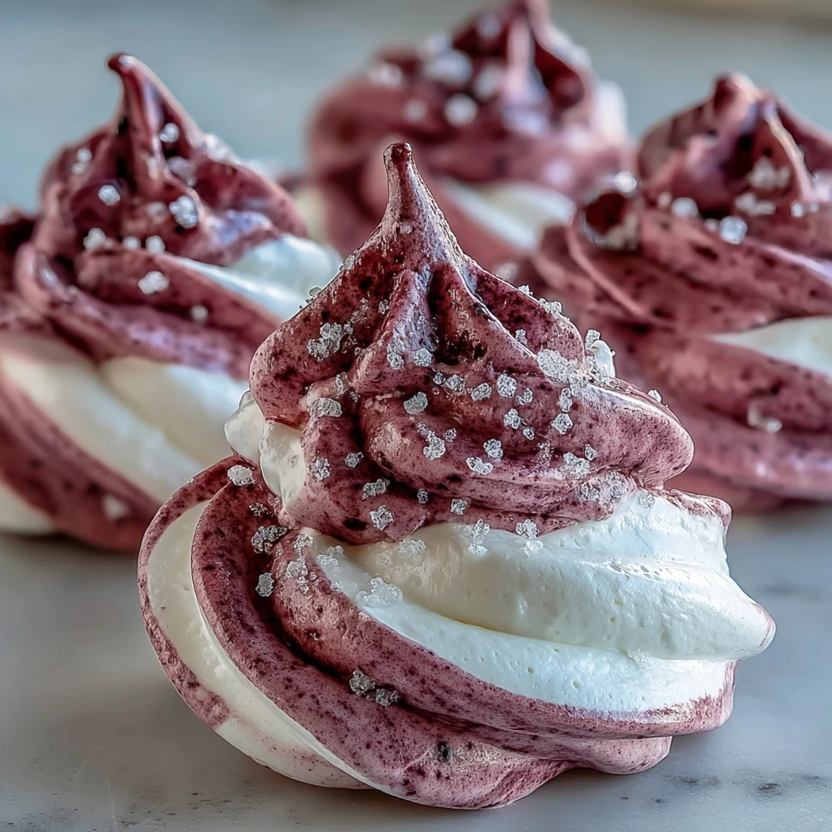 Twenty-four delicate Black Currant Meringues cool on a baking sheet after slow oven drying.