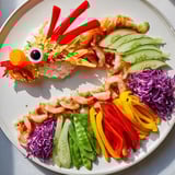 This vibrant Mighty Dragon Lunar New Year board arrangement features shrimp, pork, and colorful veggies on a platter.