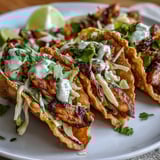 Crispy Chicken Wonton Tacos garnished with fresh cilantro and lime wedges on a white plate for dinner.