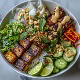 Shredded carrots, cucumber, and fresh herbs top this vibrant Rice Paper Roll Bowl served with lime.