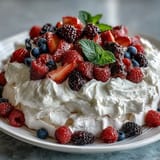 2. Delicate pavlova crowned with luscious whipped cream and a colorful mix of juicy strawberries, blueberries, and raspberries for a stunning dessert.  