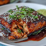 Beautifully roasted Miso Glazed Salmon with Sesame Bok Choy, ready to serve.