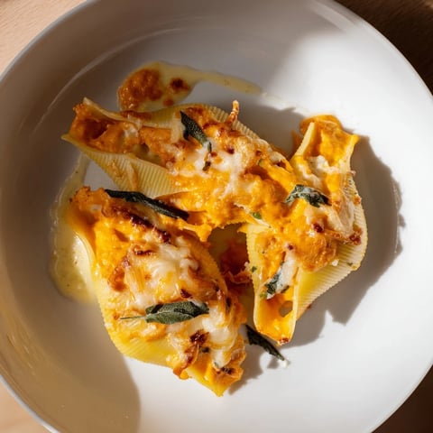 Golden-brown Pumpkin & Gouda Stuffed Shells, bubbling with cheese, ready for a cozy Italian-American dinner.