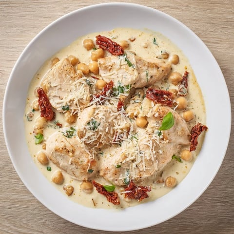 Tender High-Protein Marry Me Chicken and Chickpeas, creamy sauce glistening over golden-brown chicken and chickpeas.