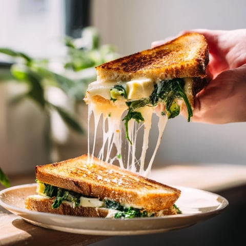 Golden-brown Sourdough Spinach Artichoke Dip Grilled Cheese, oozing with melted cheese and creamy filling.