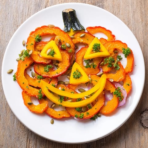Vibrant Halloween Pumpkin Lantern plate, a savory vegetarian dish with roasted vegetables.