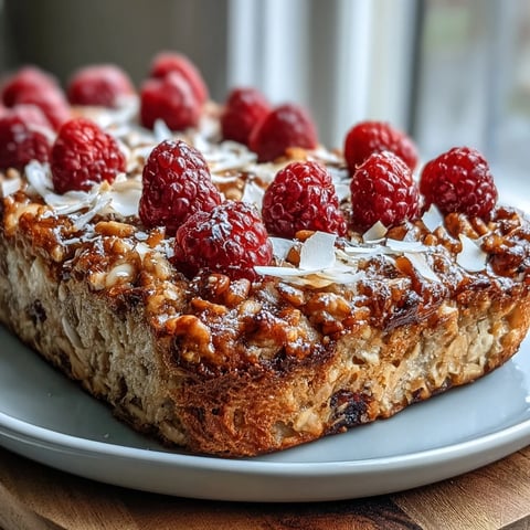 Freshly baked oatmeal with raspberry and coconut sits warm in a dish, with golden edges and vibrant berries peeking out.