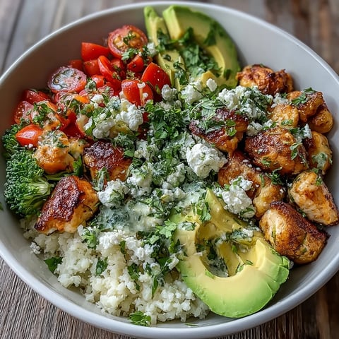 Flavorful Cauliflower Rice Bowl with seasoned chicken, crisp broccoli, and creamy avocado slices.