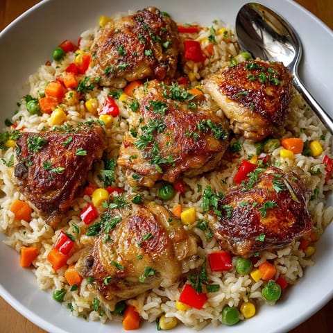 Hearty One-Pot Chicken and Rice Skillet served in a rustic pan, garnished with fresh parsley.