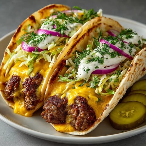 Golden-brown Pickle-Fix Smash Burger Tacos with melted cheese and a refreshing, crunchy dill pickle slaw.