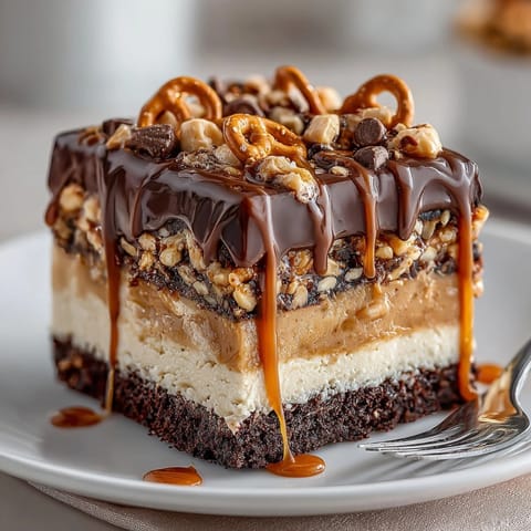 Imagine the textures of the Chaos Cake Peanut Butter Pretzel Bar Tangle: crunchy pretzels and creamy peanut butter delight.