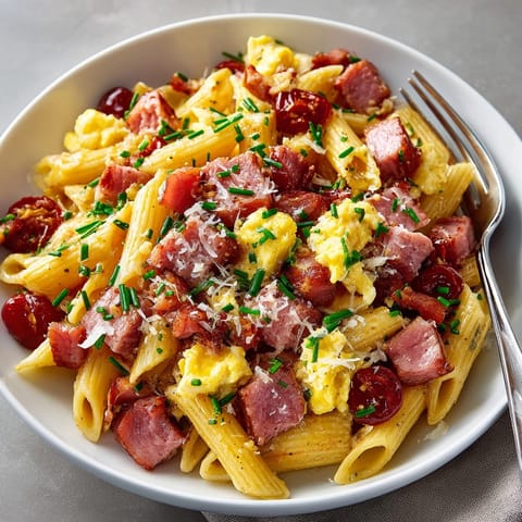This Cherry Glazed Ham Breakfast Pasta features glistening ham in a bold cherry glaze, perfect for brunch.