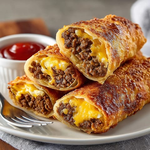 Crispy and delicious, these Cheeseburger Egg Rolls are served with a tangy, flavorful dipping sauce.