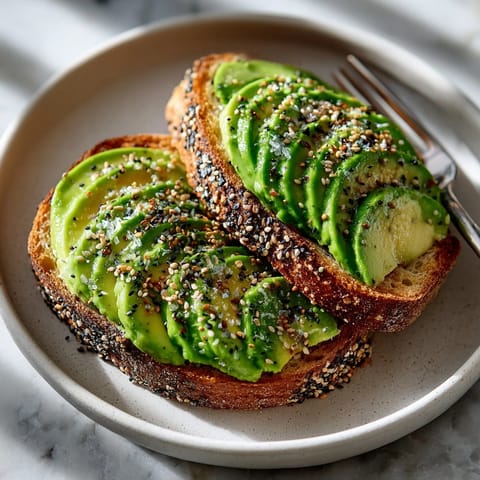 Golden-brown toasted bread piled high with creamy avocado, topped with savory everything seasoning.